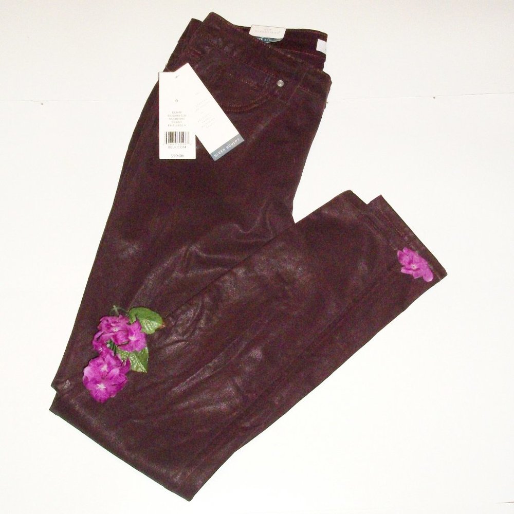 NEW DIRECTIONS 6 "Mulberry" Sleek & Sculpt Jeans NWT Wet Look Tummy Control